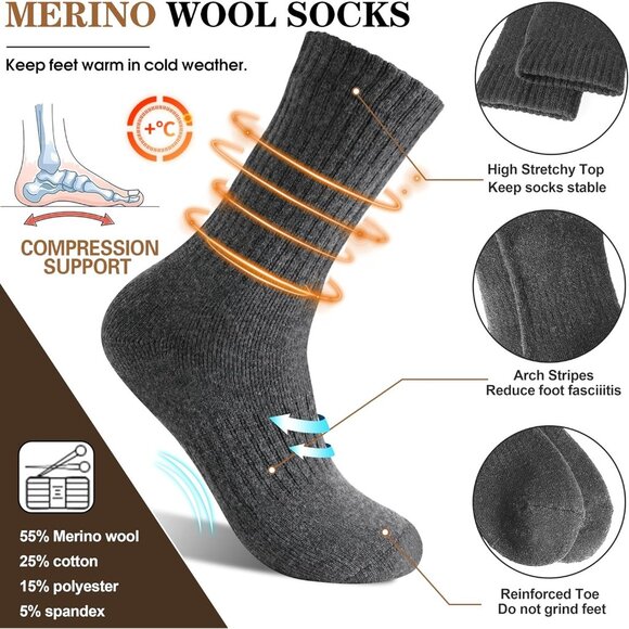 Women Merino Wool Dark Grey Sock 5 Pairs Warm Thick Crew Cozy Winter Boot Socks - Picture 3 of 6